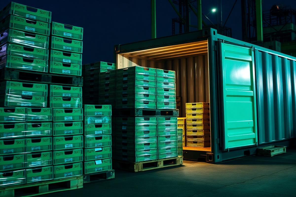 Palletised produce cartons loaded into a refrigerated export container