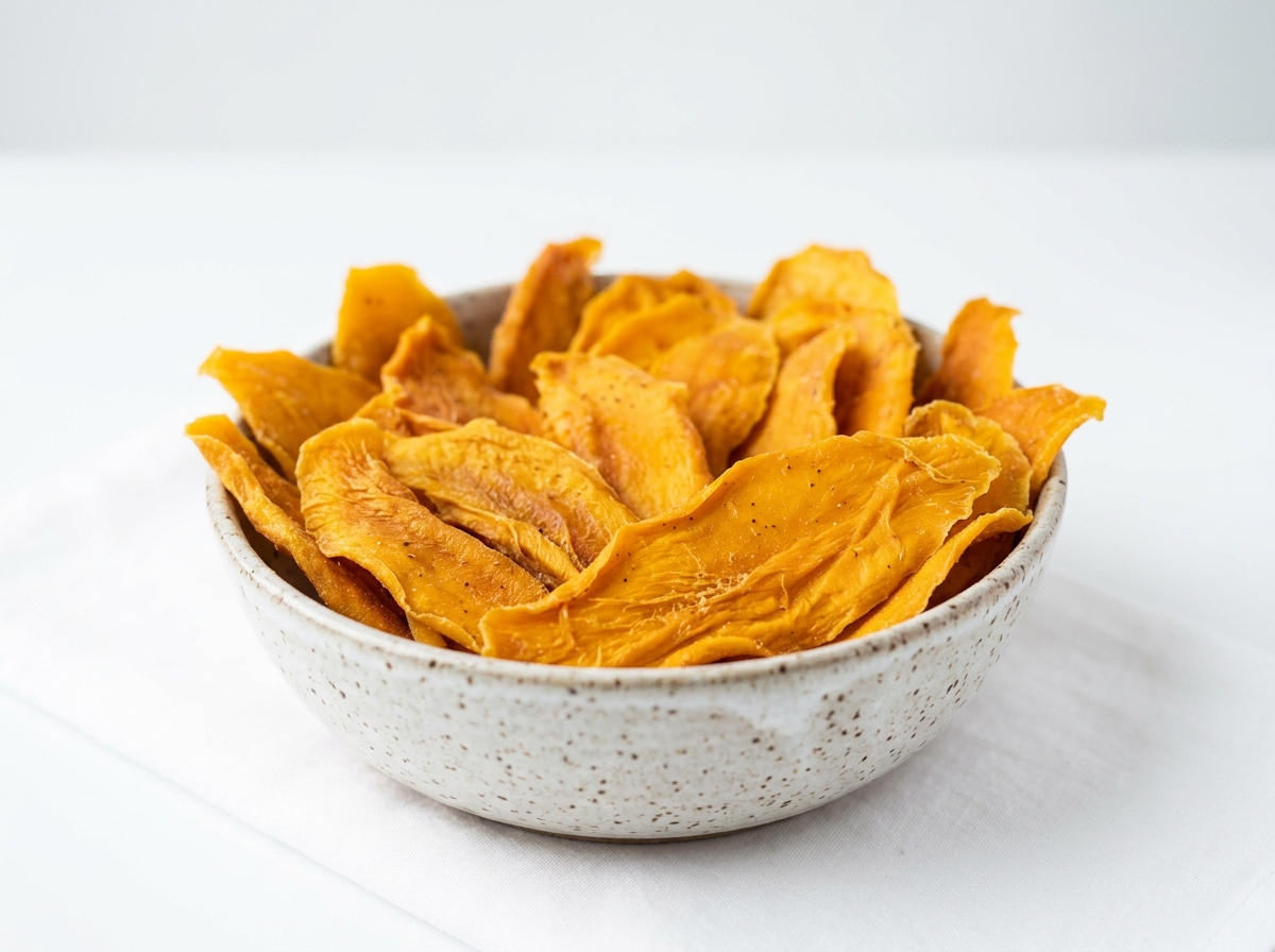 Dehydrated hot-air dried golden mango slices ready for bulk packaging