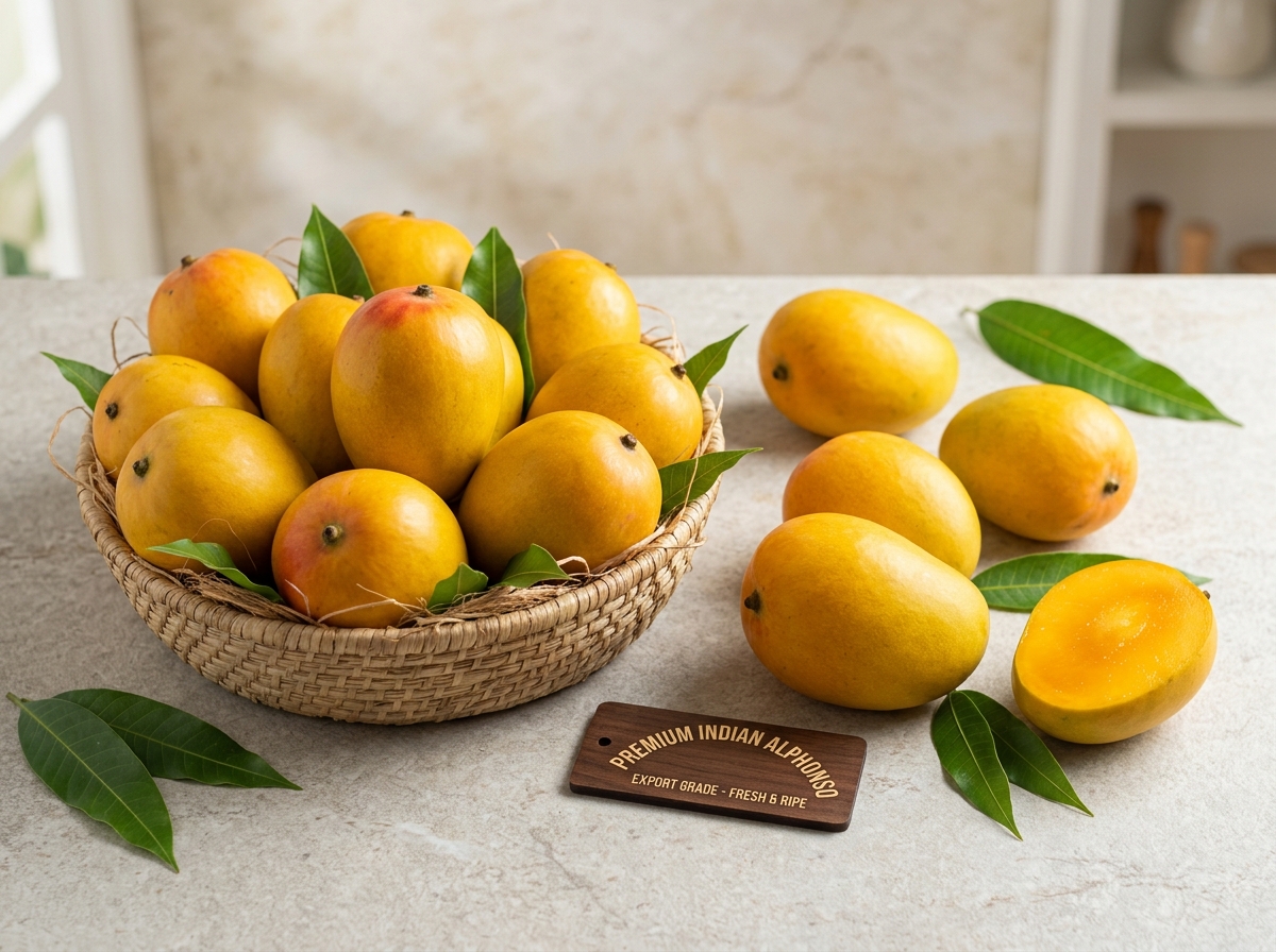 Premium fresh golden Alphonso mangoes graded for domestic and export shipment