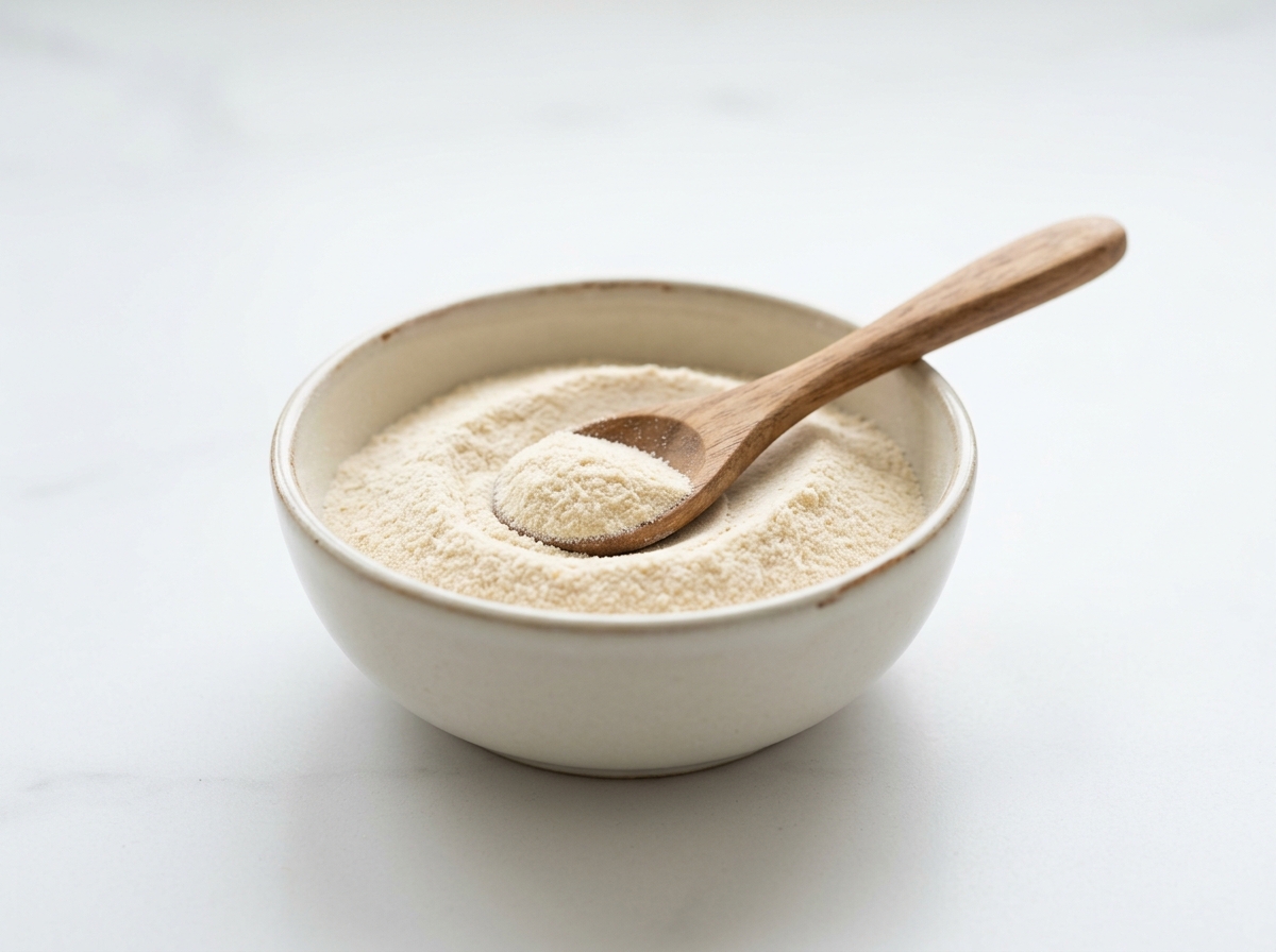 Fine ivory-white milled onion powder in ceramic container