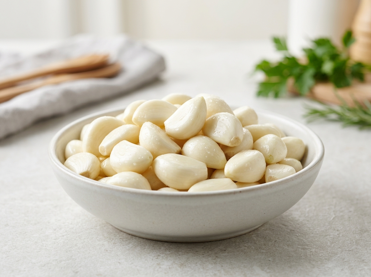 Sorted peeled fresh garlic cloves ready for commercial food service packaging