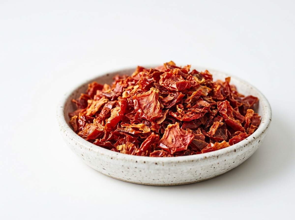 Crisp dehydrated red tomato flakes and kibbles for seasonings and instant soups