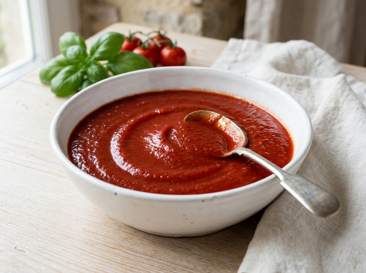 Thick hot-break red tomato puree in ceramic tasting bowl
